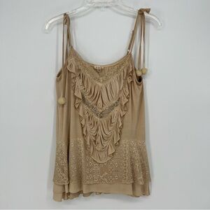POL Womens Sleeveless Tank Top Camisole Beige Neutral Lace Ruffle Adjustable NEW